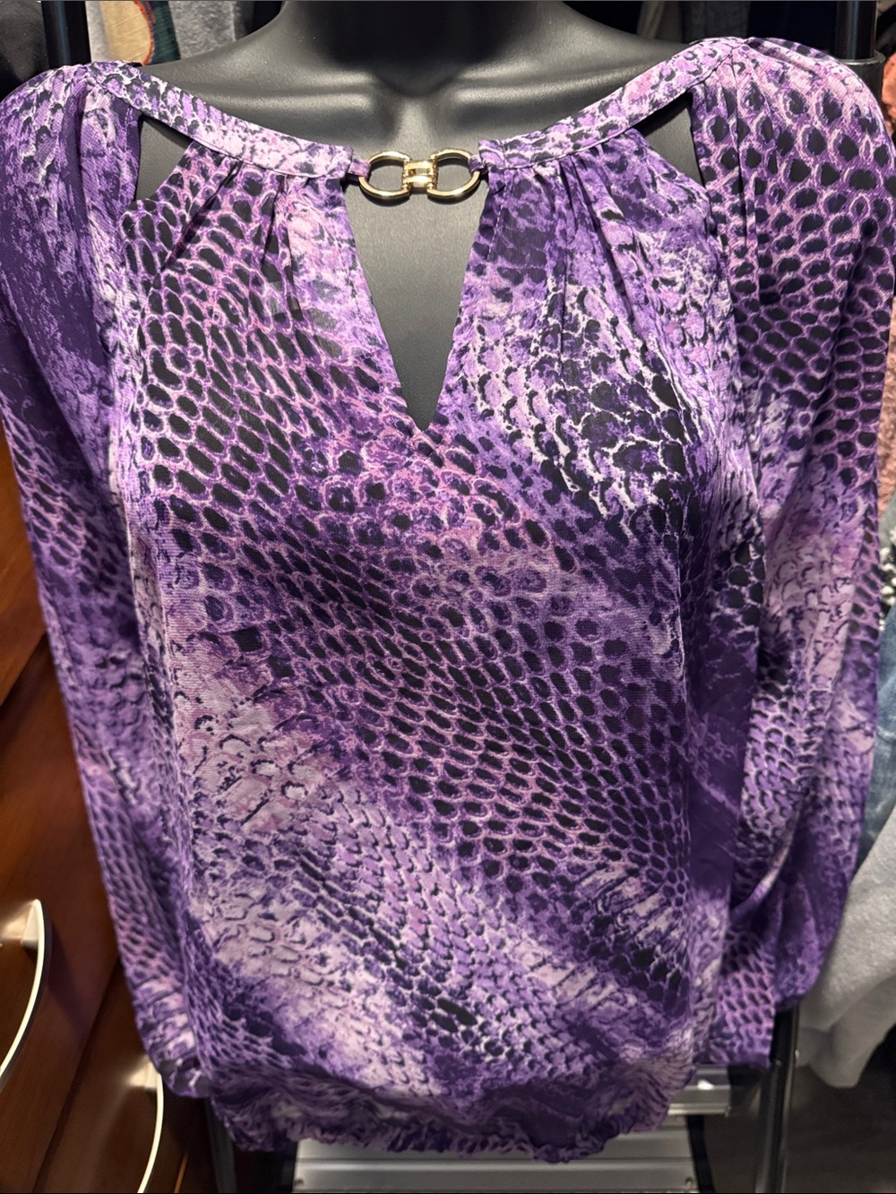 Jennifer Lopez Purple Snake-Print Keyhole Blouse with Gold Accent